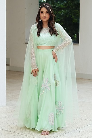 Pastel Green Natural Organza Floral Applique Palazzo Pant Set by Pooja Bagaria