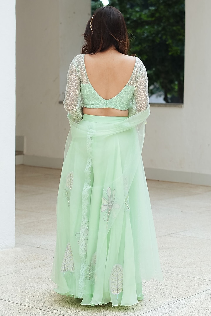 Pastel Green Natural Organza Floral Applique Palazzo Pant Set by Pooja Bagaria at Pernia's Pop Up Shop