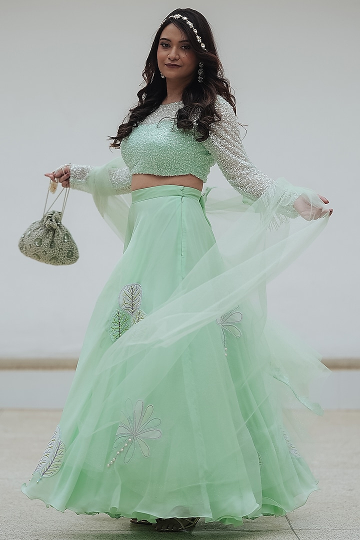 Pastel Green Natural Organza Floral Applique Palazzo Pant Set by Pooja Bagaria at Pernia's Pop Up Shop