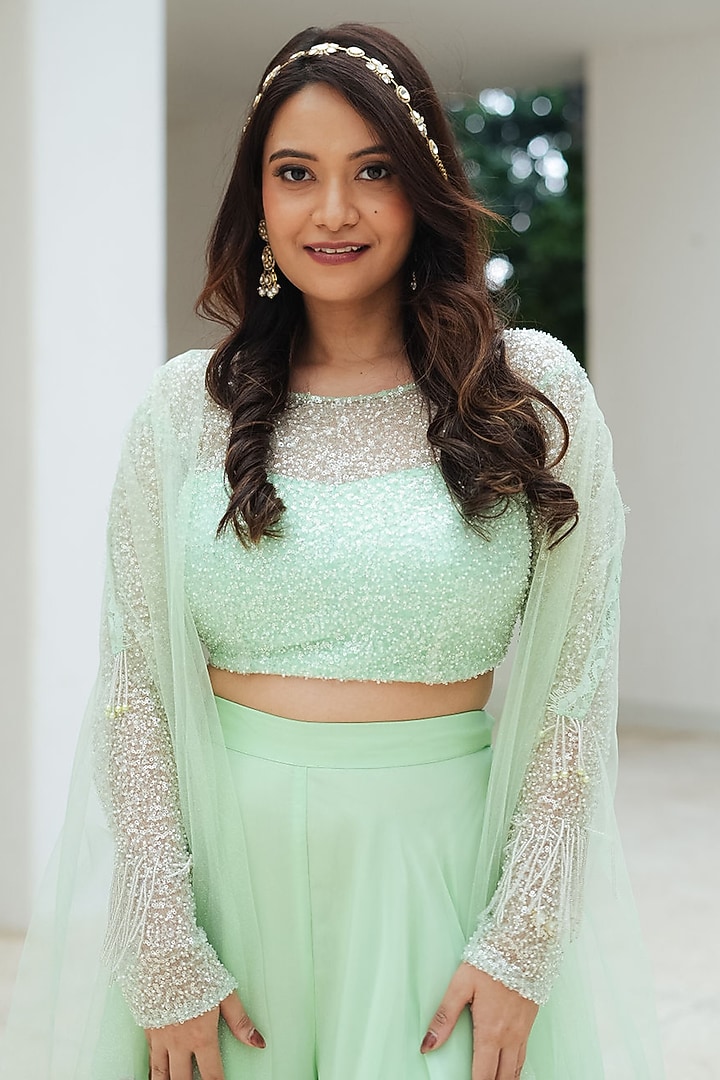 Pastel Green Natural Organza Floral Applique Palazzo Pant Set by Pooja Bagaria at Pernia's Pop Up Shop