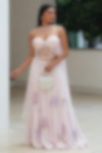 Pastel Pink Organza Applique Skirt Set by Pooja Bagaria at Pernia's Pop Up Shop
