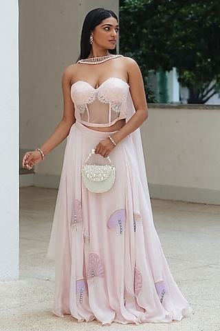 Pastel Pink Organza Applique Skirt Set by Pooja Bagaria