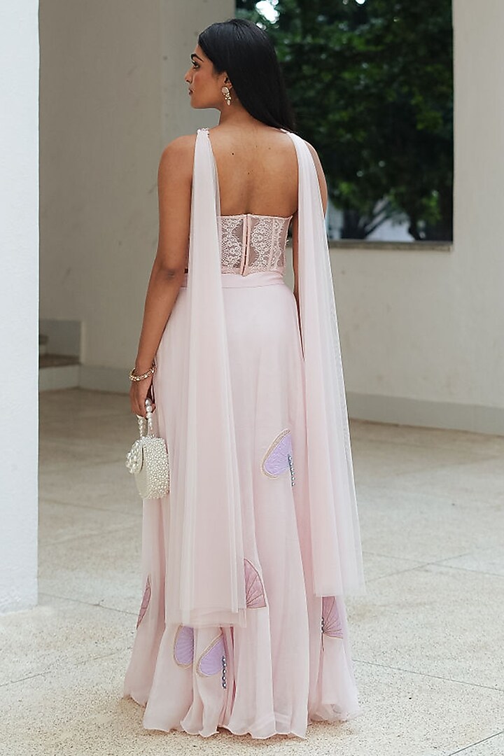 Pastel Pink Organza Applique Skirt Set by Pooja Bagaria at Pernia's Pop Up Shop