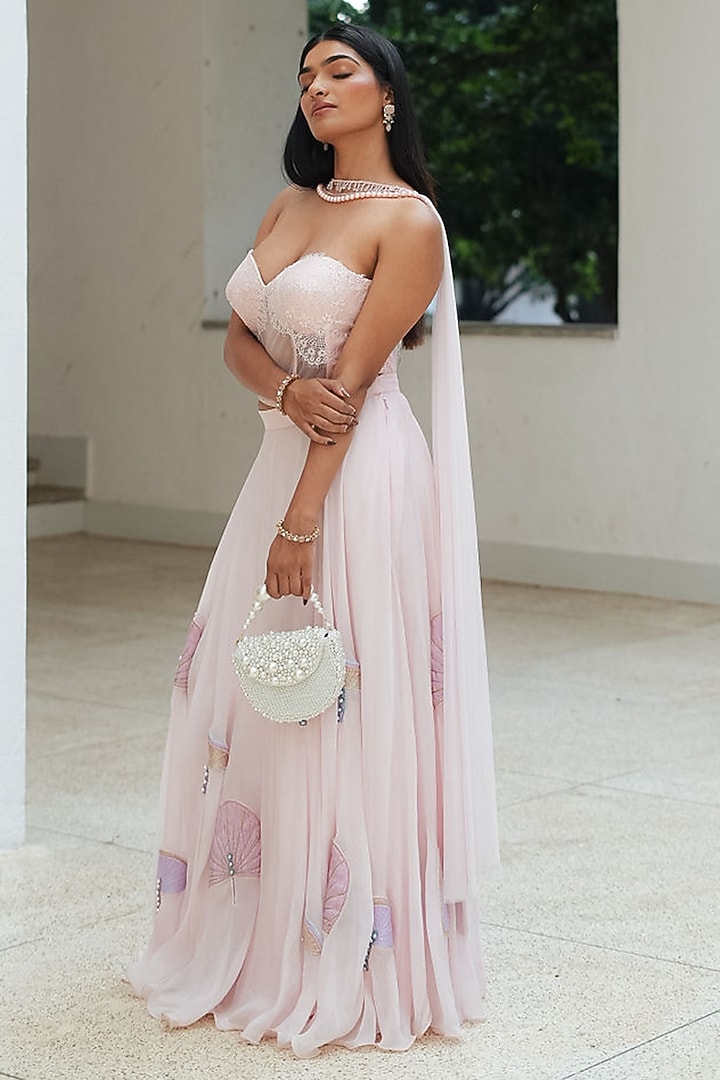 Pastel Pink Organza Applique Skirt Set by Pooja Bagaria at Pernia's Pop Up Shop