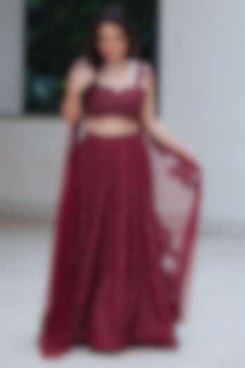 Maroon Glitter Chantilly Skirt Set by Pooja Bagaria at Pernia's Pop Up Shop