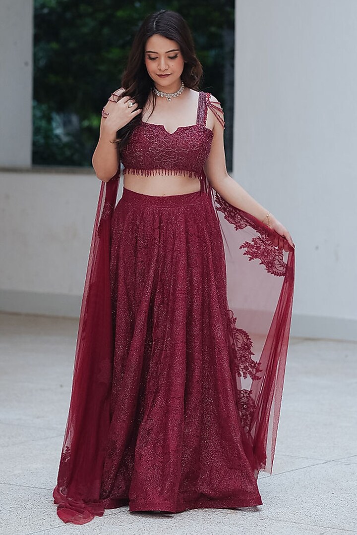 Maroon Glitter Chantilly Skirt Set by Pooja Bagaria at Pernia's Pop Up Shop