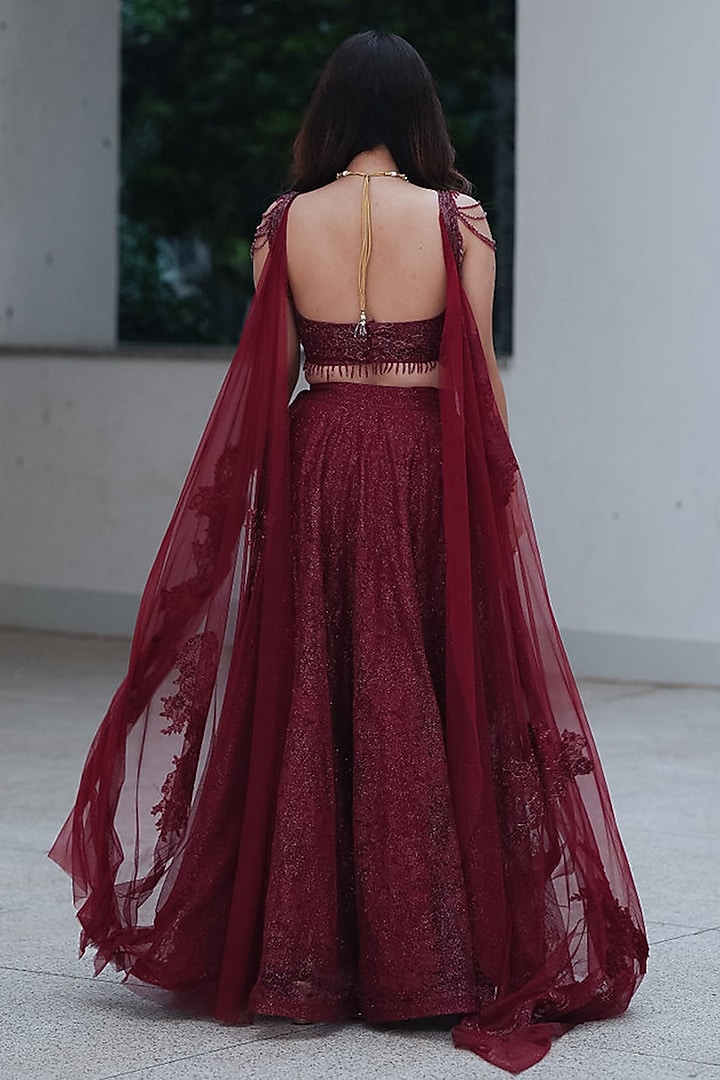 Maroon Glitter Chantilly Skirt Set by Pooja Bagaria at Pernia's Pop Up Shop