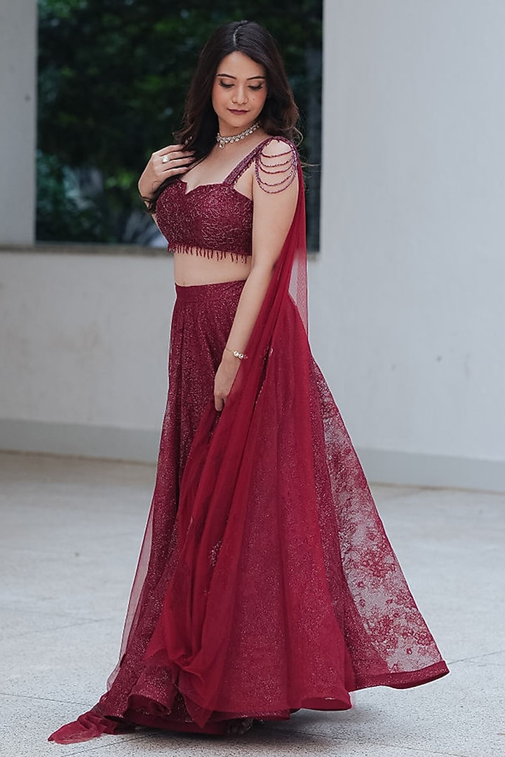 Maroon Glitter Chantilly Skirt Set by Pooja Bagaria at Pernia's Pop Up Shop