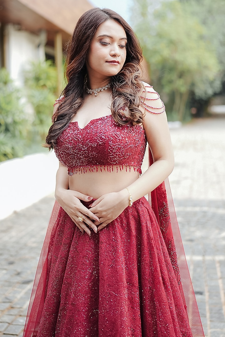Maroon Glitter Chantilly Skirt Set by Pooja Bagaria at Pernia's Pop Up Shop