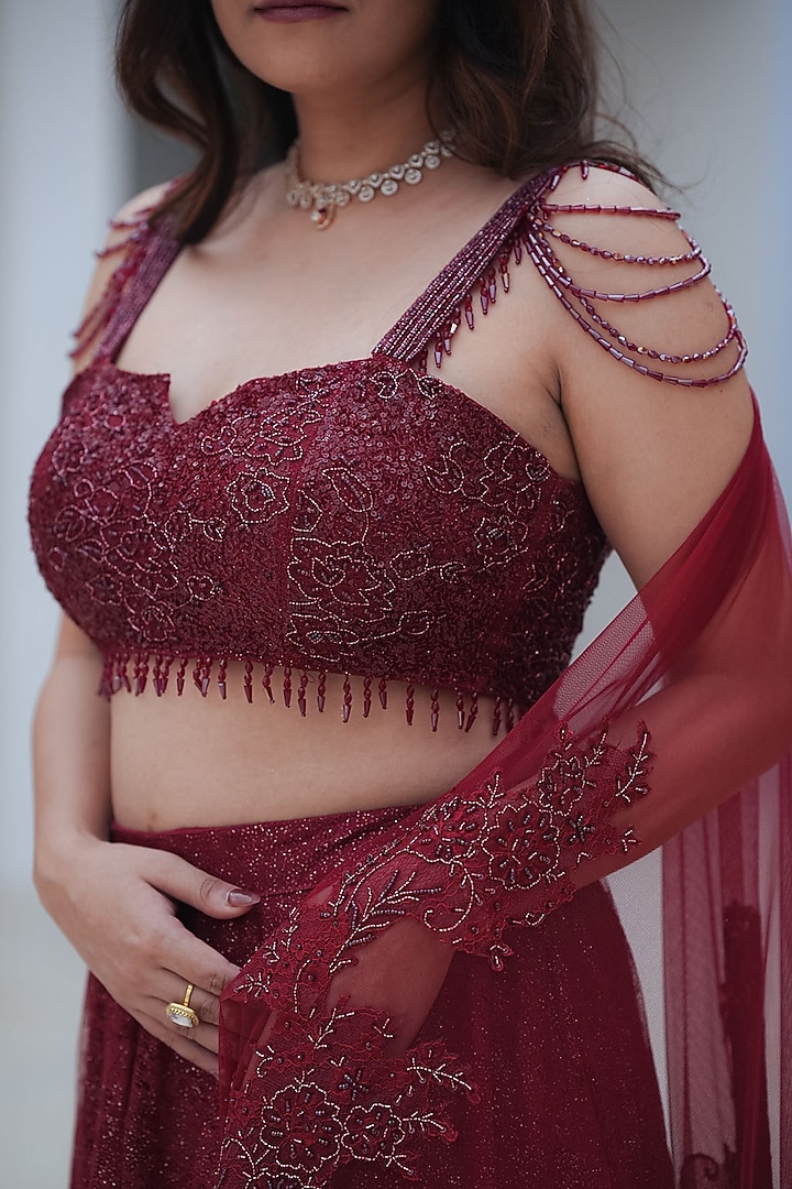 Maroon Glitter Chantilly Skirt Set by Pooja Bagaria at Pernia's Pop Up Shop