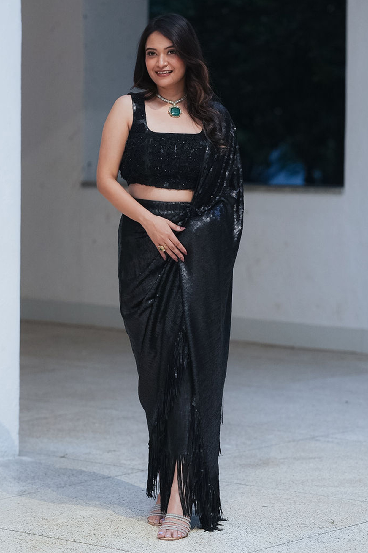 Matt Black Sequins Pre-Stitched Draped Party Wear Saree Set by Pooja Bagaria at Pernia's Pop Up Shop