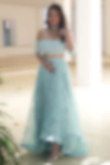 Powder Blue Sequin Chantilly & Mesh Layered Skirt Set by Pooja Bagaria at Pernia's Pop Up Shop
