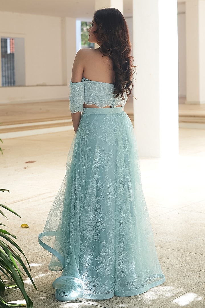 Powder Blue Sequin Chantilly & Mesh Layered Skirt Set by Pooja Bagaria at Pernia's Pop Up Shop