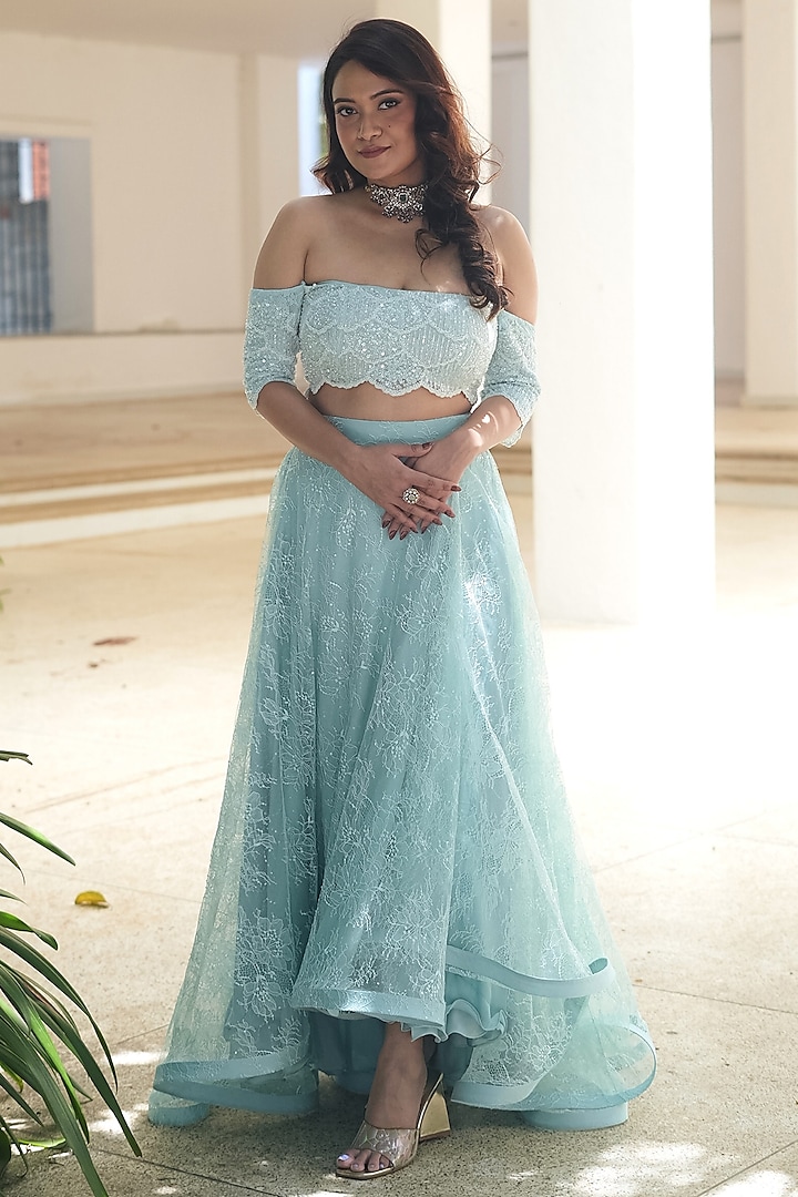 Powder Blue Sequin Chantilly & Mesh Layered Skirt Set by Pooja Bagaria at Pernia's Pop Up Shop