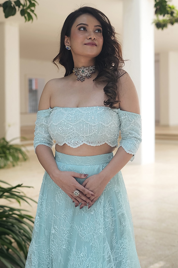 Powder Blue Sequin Chantilly & Mesh Layered Skirt Set by Pooja Bagaria at Pernia's Pop Up Shop