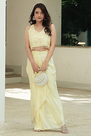 Pastel Yellow Satin Draped Skirt Set by Pooja Bagaria