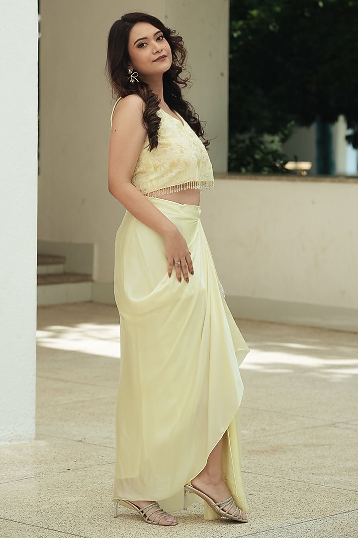 Pastel Yellow Satin Draped Skirt Set by Pooja Bagaria at Pernia's Pop Up Shop