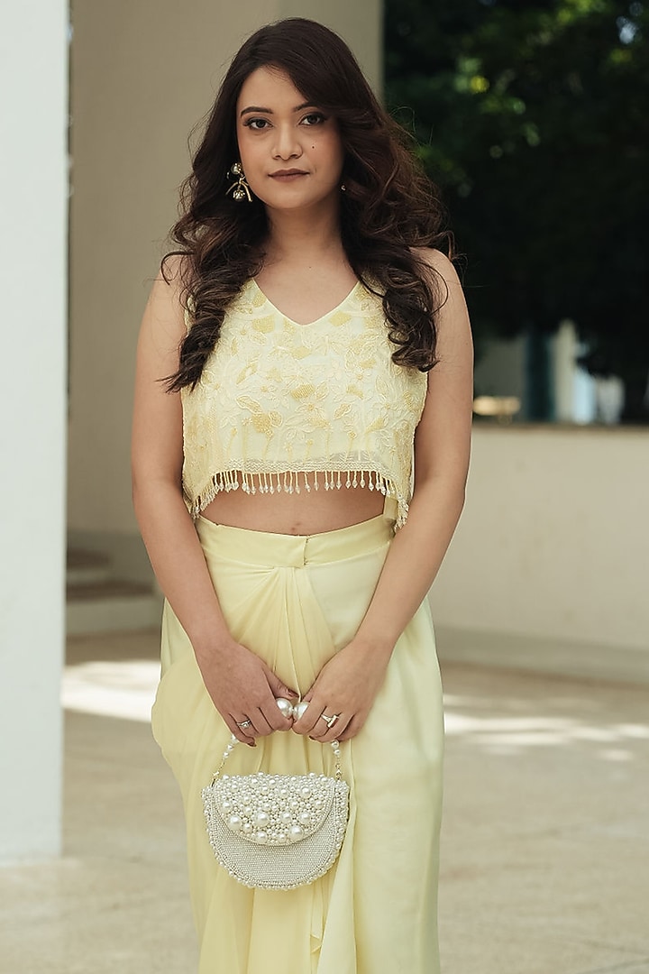 Pastel Yellow Satin Draped Skirt Set by Pooja Bagaria at Pernia's Pop Up Shop