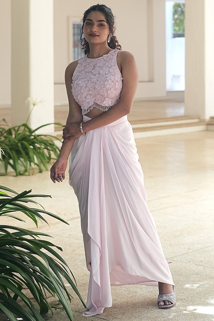 Pastel Pink Satin Draped Skirt Set by Pooja Bagaria at Pernia's Pop Up Shop