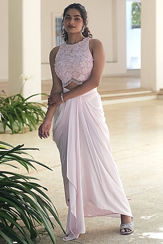 Pastel Pink Satin Draped Skirt Set by Pooja Bagaria