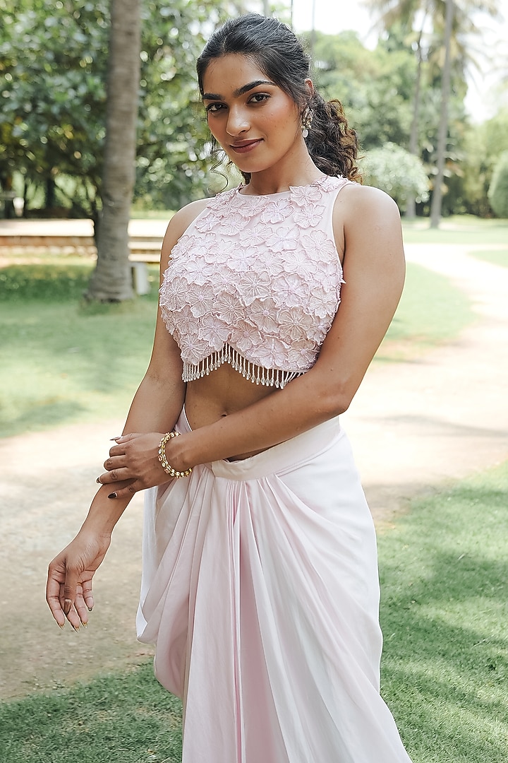 Pastel Pink Satin Draped Skirt Set by Pooja Bagaria at Pernia's Pop Up Shop