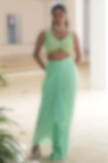 Mint Green Satin Draped Skirt Set by Pooja Bagaria at Pernia's Pop Up Shop