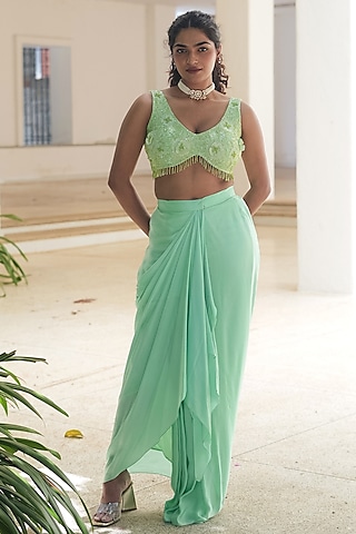 Mint Green Satin Draped Skirt Set by Pooja Bagaria