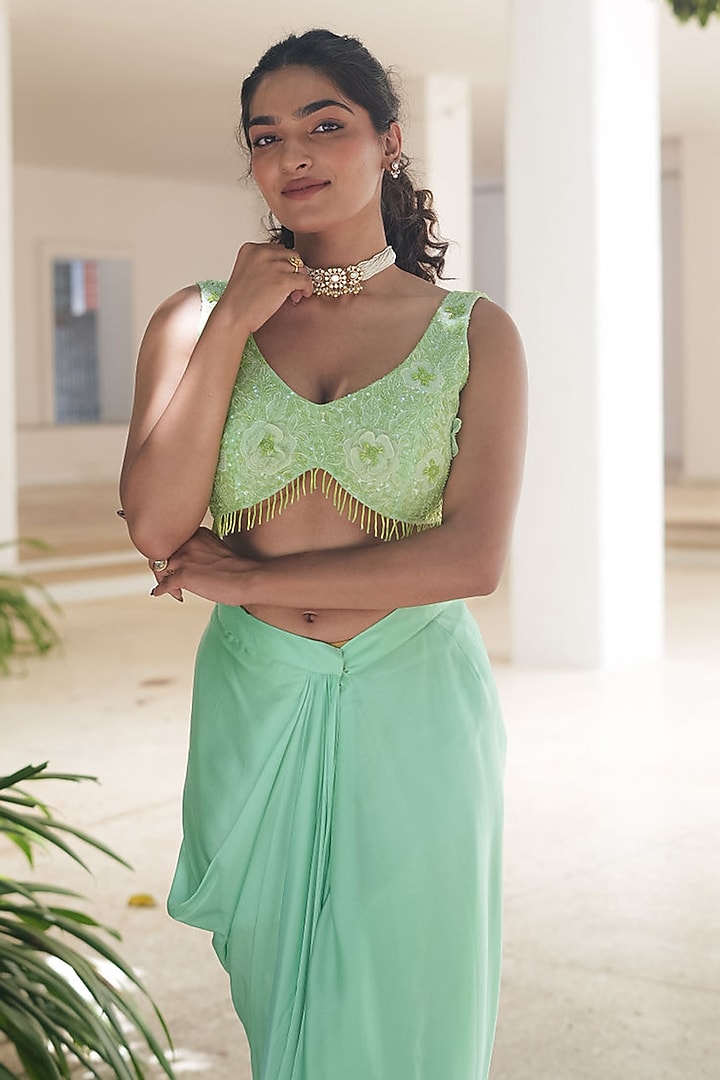 Mint Green Satin Draped Skirt Set by Pooja Bagaria at Pernia's Pop Up Shop