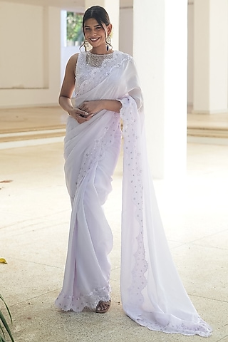 Lavender Natural Organza Embroidered Saree Set by Pooja Bagaria