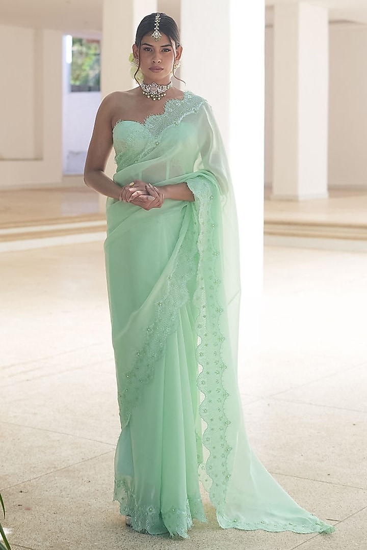 Mint Green Natural Organza Embroidered Party Wear Saree Set by Pooja Bagaria at Pernia's Pop Up Shop
