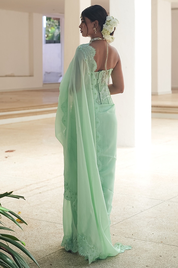 Mint Green Natural Organza Embroidered Party Wear Saree Set by Pooja Bagaria at Pernia's Pop Up Shop