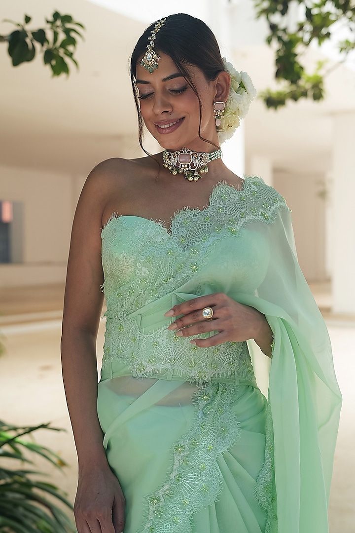Mint Green Natural Organza Embroidered Party Wear Saree Set by Pooja Bagaria at Pernia's Pop Up Shop