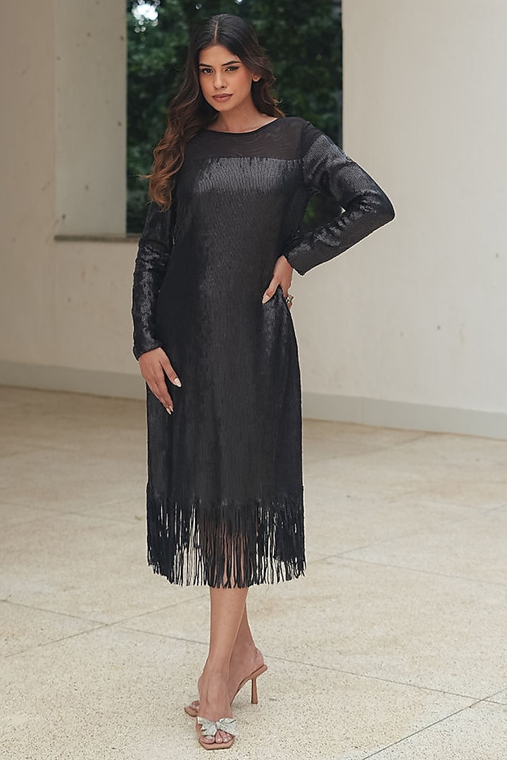 Matt Black Sequins Shift Summer Dress by Pooja Bagaria at Pernia's Pop Up Shop