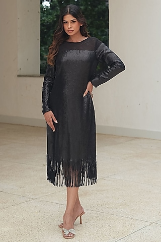 Matt Black Sequins Shift Dress by Pooja Bagaria