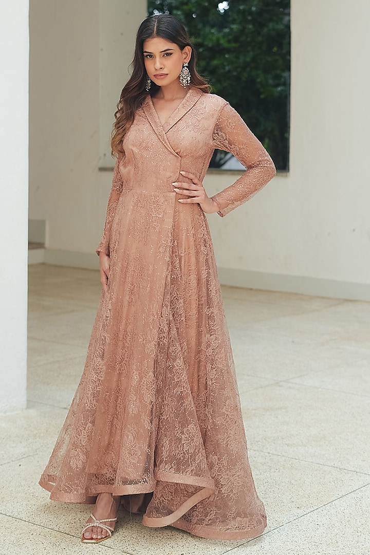 Nude Sequin Chantilly Layered Party Wear Gown by Pooja Bagaria at Pernia's Pop Up Shop