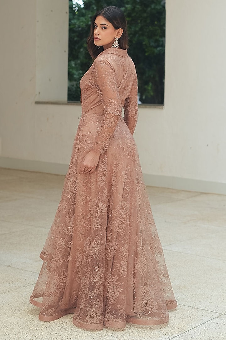 Nude Sequin Chantilly Layered Party Wear Gown by Pooja Bagaria at Pernia's Pop Up Shop