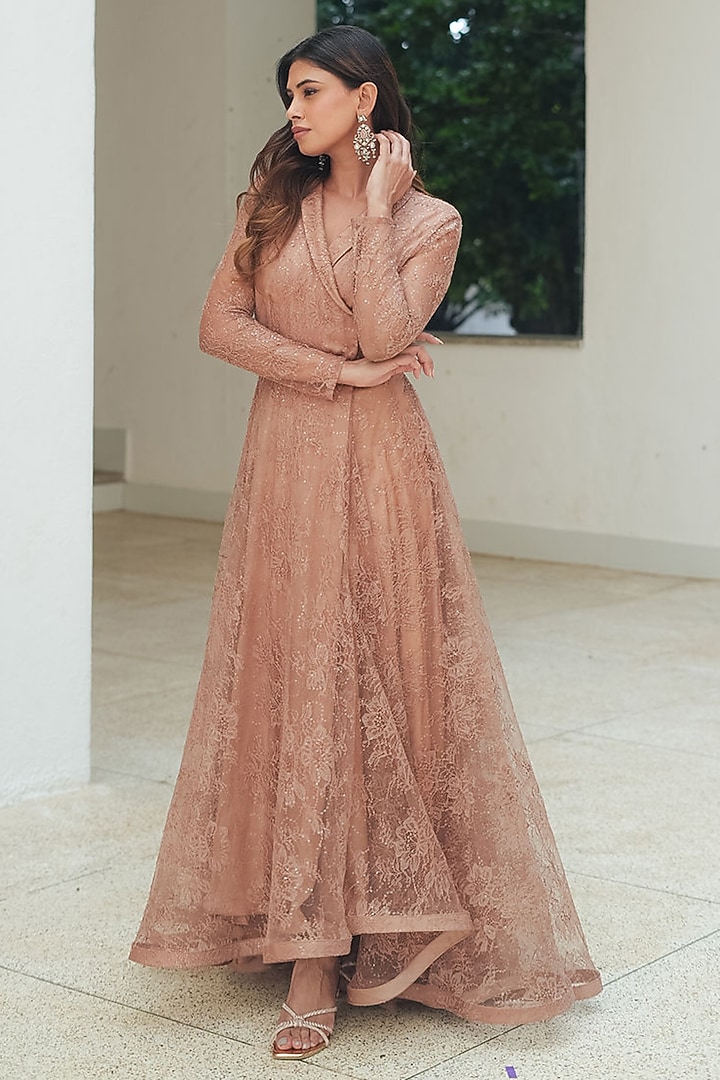 Nude Sequin Chantilly Layered Party Wear Gown by Pooja Bagaria at Pernia's Pop Up Shop
