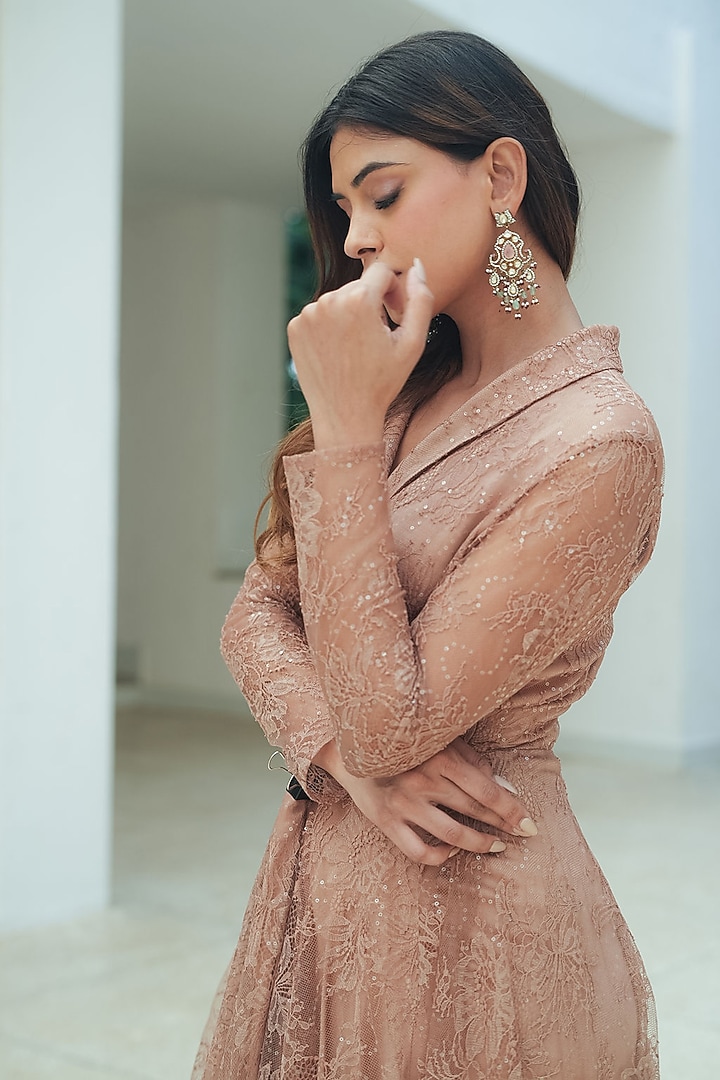 Nude Sequin Chantilly Layered Party Wear Gown by Pooja Bagaria at Pernia's Pop Up Shop