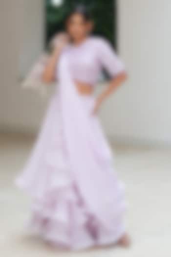 Lavender Natural Organza Applique Embroidered Skirt Set by Pooja Bagaria at Pernia's Pop Up Shop