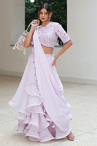 Lavender Natural Organza Applique Embroidered Skirt Set by Pooja Bagaria