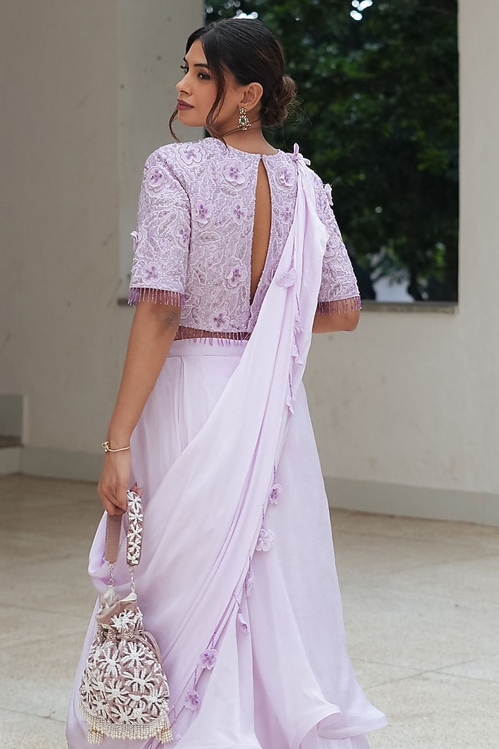 Lavender Natural Organza Applique Embroidered Skirt Set by Pooja Bagaria at Pernia's Pop Up Shop
