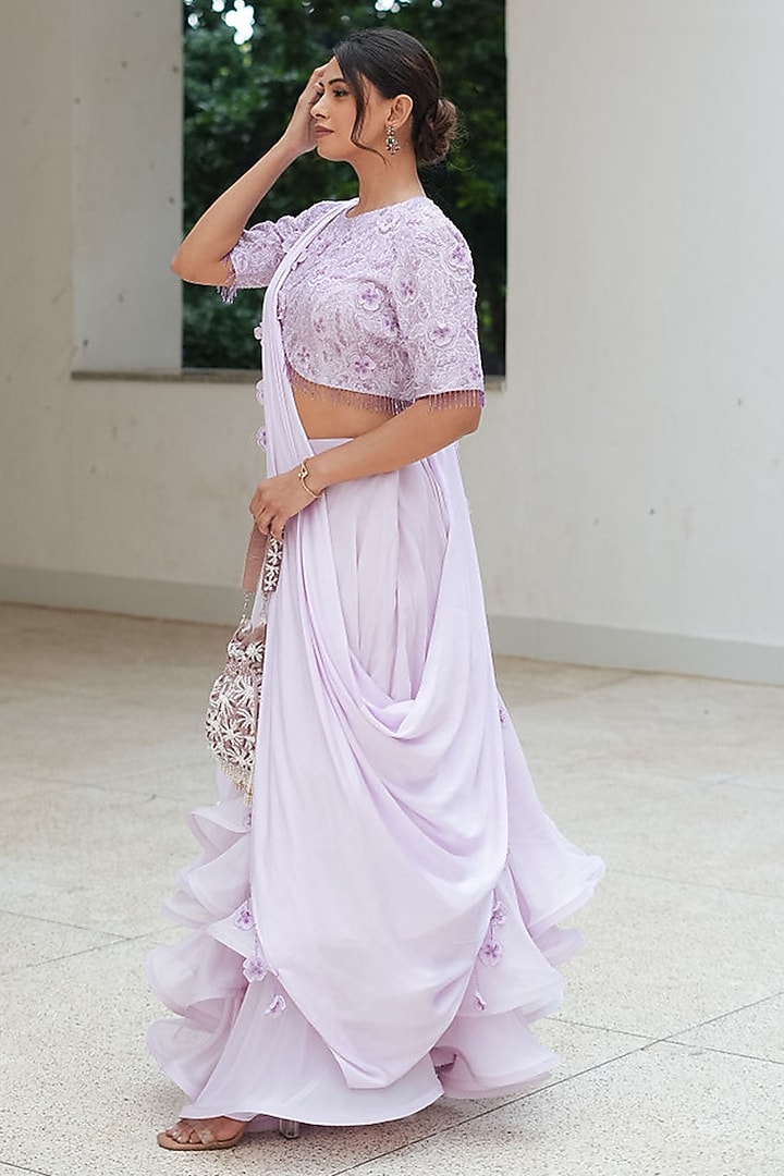 Lavender Natural Organza Applique Embroidered Skirt Set by Pooja Bagaria at Pernia's Pop Up Shop
