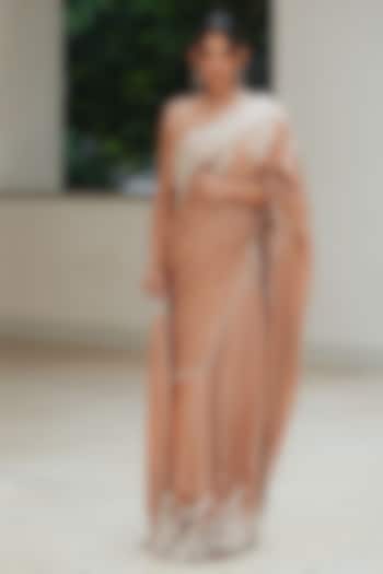 Nude Natural Satin Draped Pleated Skirt Party Wear Saree Set by Pooja Bagaria at Pernia's Pop Up Shop