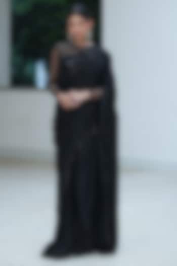 Black Natural Satin Beaded Draped Pleated Skirt Party Wear Saree Set by Pooja Bagaria at Pernia's Pop Up Shop