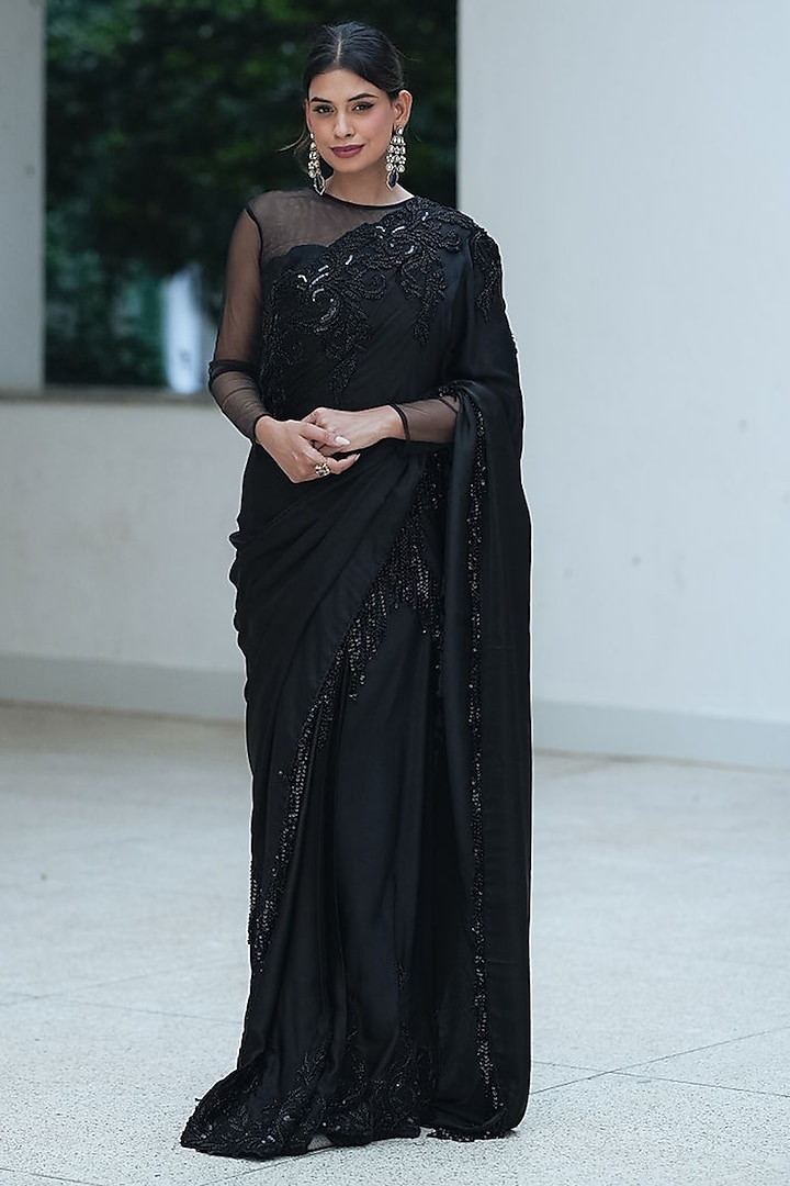Black Natural Satin Beaded Draped Pleated Skirt Party Wear Saree Set by Pooja Bagaria at Pernia's Pop Up Shop