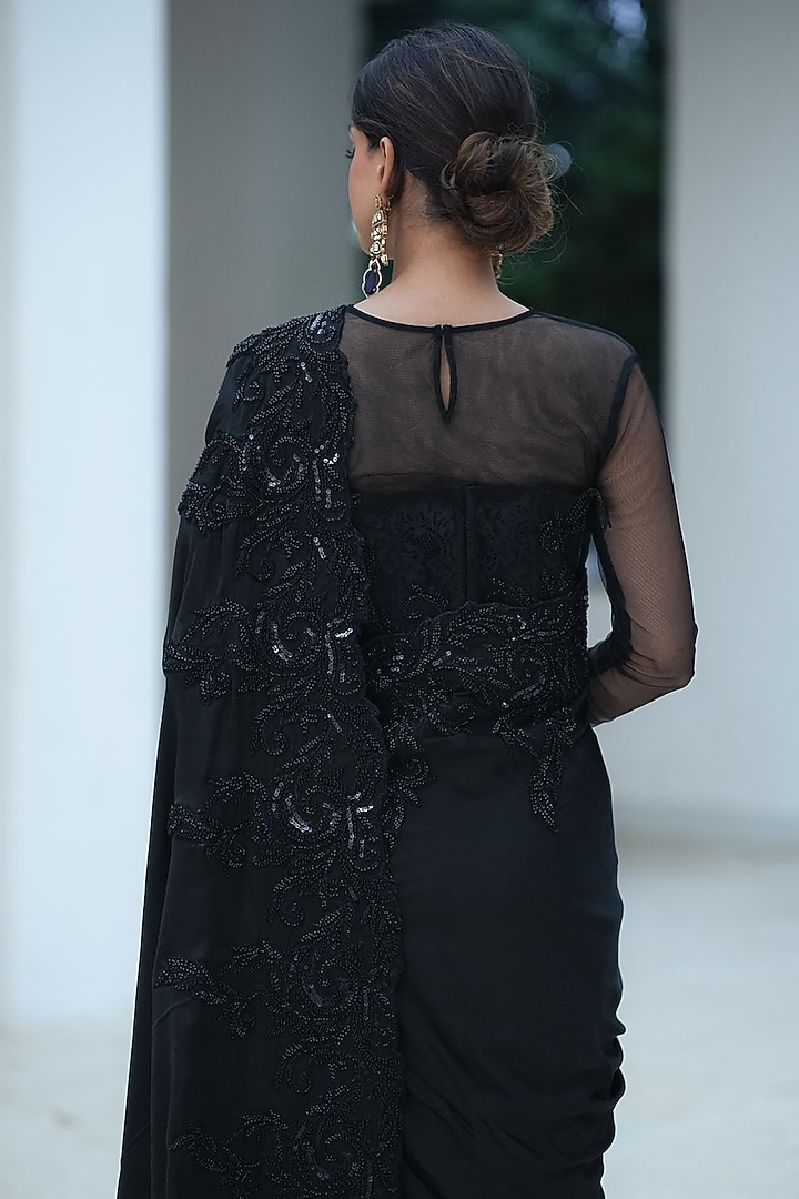 Black Natural Satin Beaded Draped Pleated Skirt Party Wear Saree Set by Pooja Bagaria at Pernia's Pop Up Shop