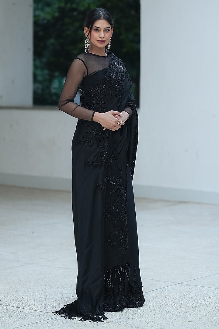 Black Natural Satin Beaded Draped Pleated Skirt Party Wear Saree Set by Pooja Bagaria at Pernia's Pop Up Shop