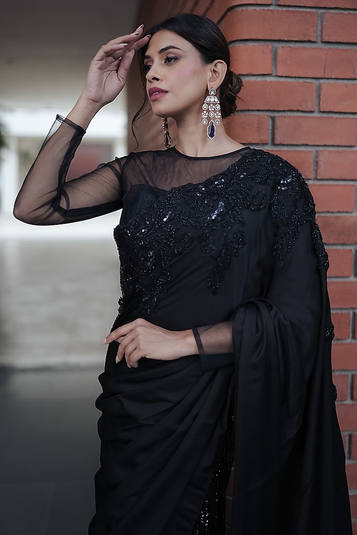 Black Natural Satin Beaded Draped Pleated Skirt Party Wear Saree Set by Pooja Bagaria at Pernia's Pop Up Shop
