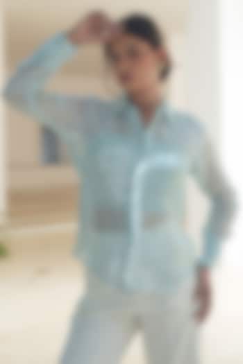 Powder Blue Organza Floral Applique Embellished Shirt by Pooja Bagaria at Pernia's Pop Up Shop