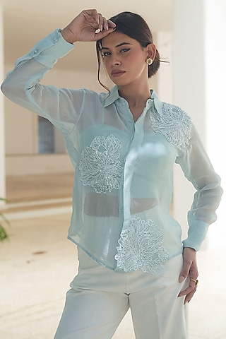 Powder Blue Organza Floral Applique Embellished Shirt by Pooja Bagaria
